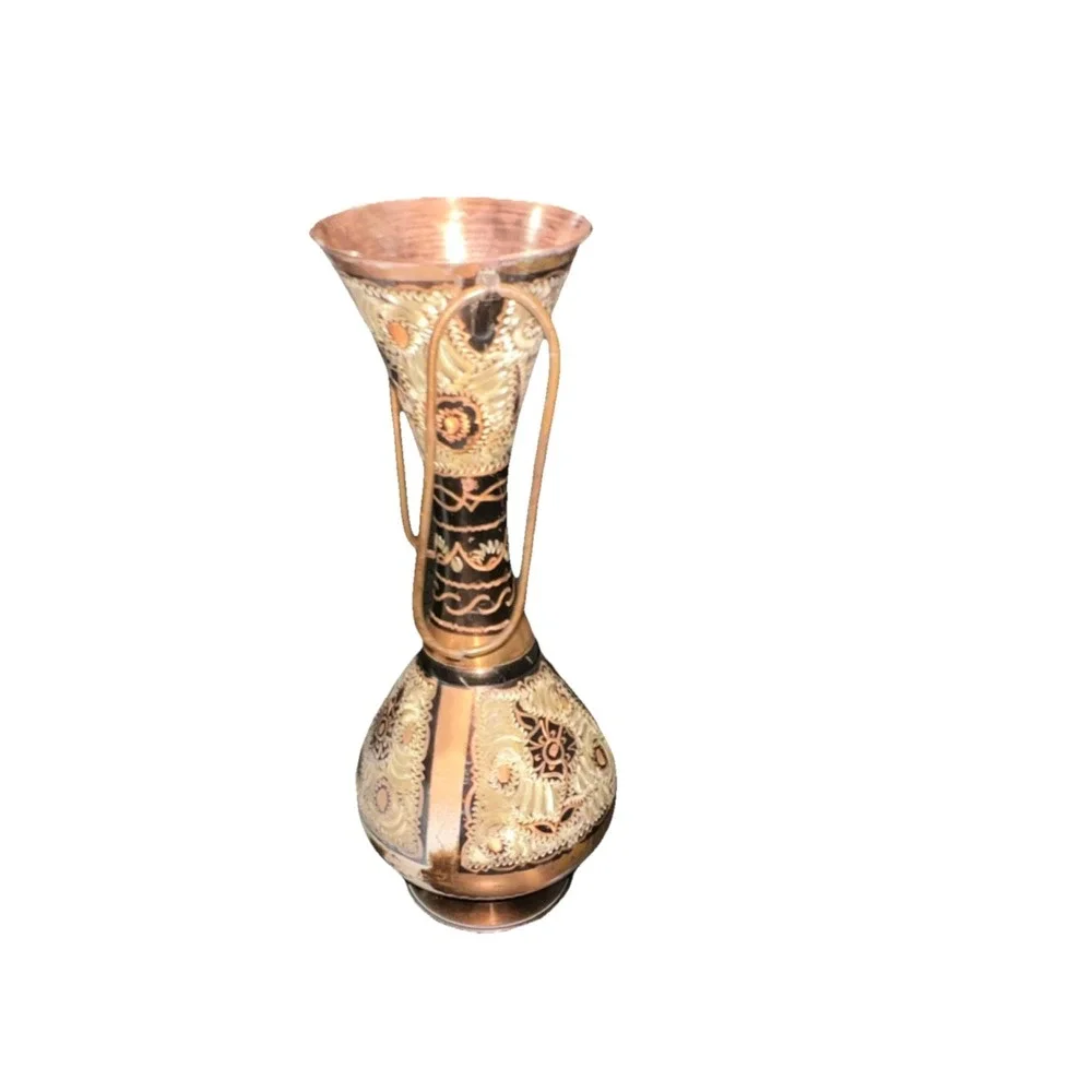 3/Antique Turkish Copper Vase with Carvings, Textured Abstract Art Design 10''